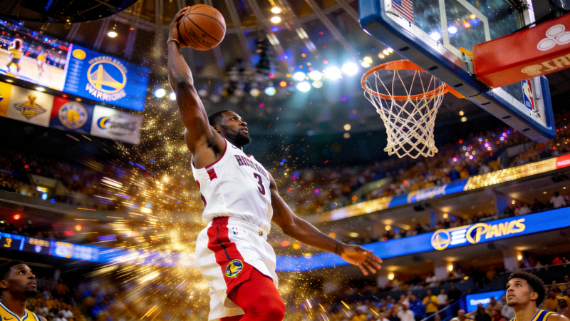 NBA总决赛现场，球员高高跃起扣篮